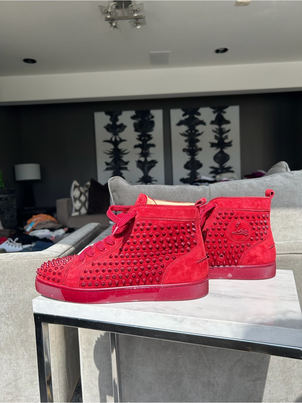 Christian Louboutin Red Suede Studded High-Top Sneakers